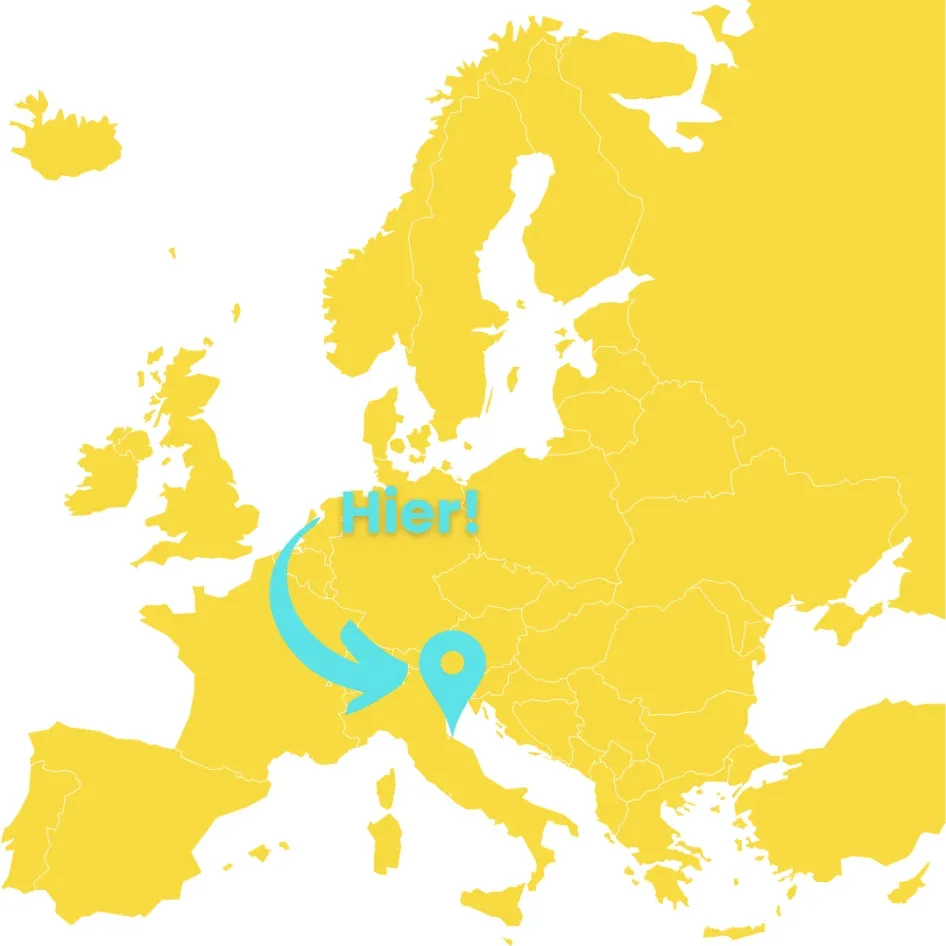 Kaart van Europa met daarop de ligging van Rimini weergegeven